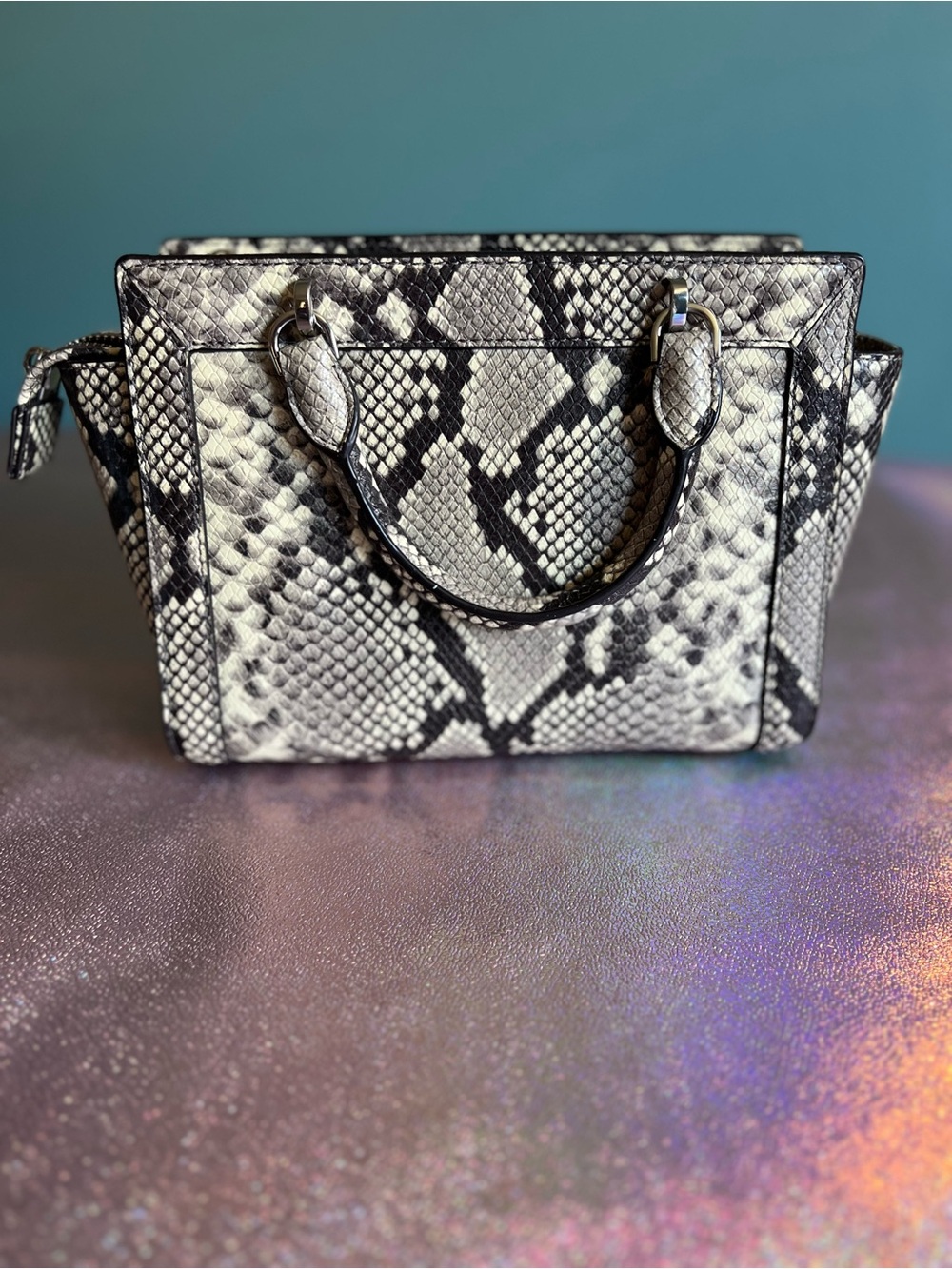Michael Kors Black and White Python Embossed Leather Satchel - Picture 2 of 8